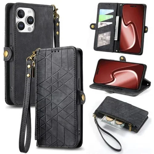 Funda de Cuero con Hebilla Lateral y Cremallera Geométrica para iPhone 16 Pro Max (Negro)