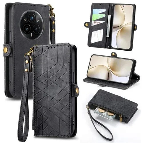 Funda de Cuero con Hebilla Lateral y Cremallera Geométrica para Realme 14 Pro+ (Negra)