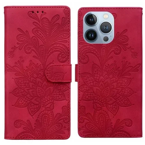 Funda de Cuero con Hebilla Magnética y Encaje Floral En Relieve para iPhone 13 Pro (Rojo)