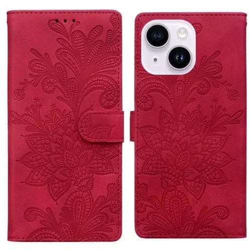 Funda de Cuero con Hebilla Magnética y Encaje Floral para iPhone 14 Plus/15 Plus (Rojo)