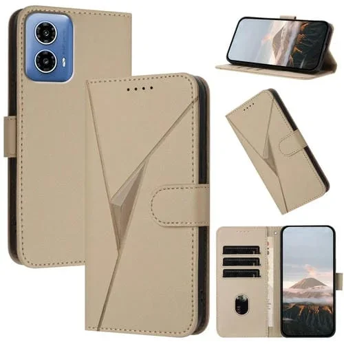 Funda de Cuero con Hebilla y Diseño Triangular para Motorola Moto G34 (Dorada)