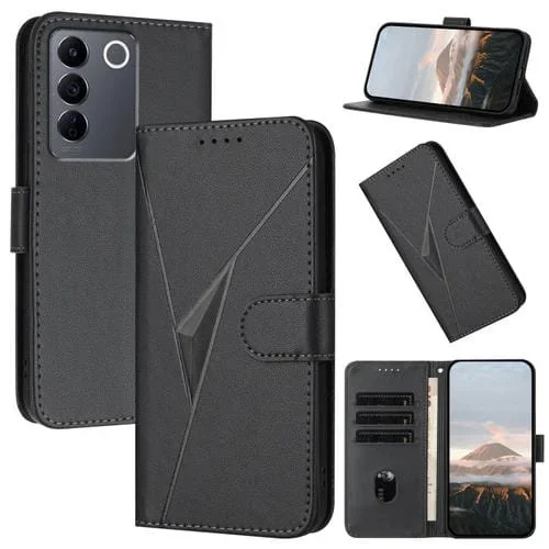 Funda de Cuero con Hebilla y Diseño Triangular para Vivo V27 (Negra)