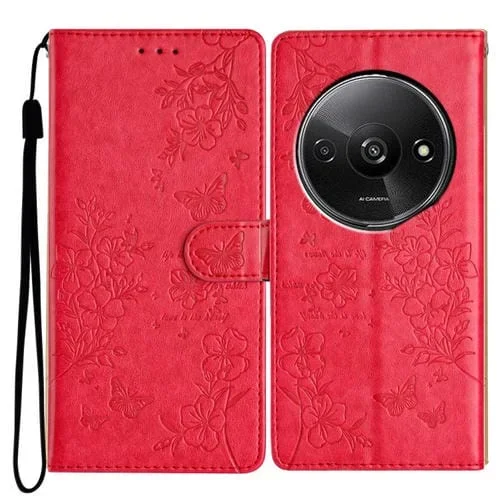 Funda de Cuero con Mariposas y Flores para Redmi A3 (Roja)