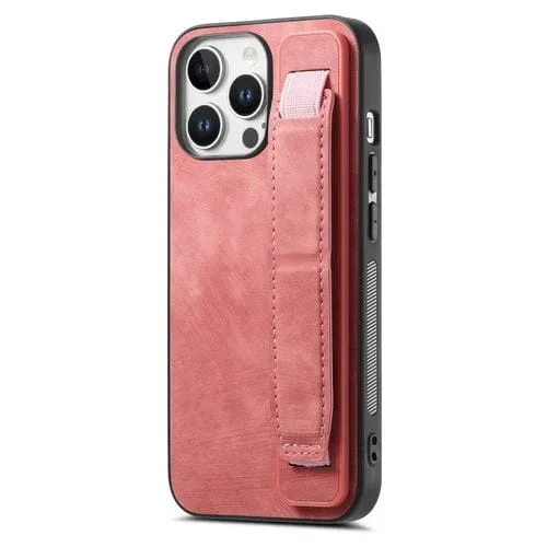 Funda de Cuero con Parte Trasera para iPhone 16 Pro con Correa para la Muñeca (Rosa)