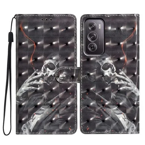 Funda de Cuero con Patrón 3D para Teléfono Oppo Reno12 Pro Global (Calavera)