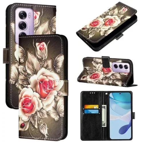 Funda de Cuero con Patrón de Dibujo de Colores para Oppo Reno12 Pro Global (Rosas Sobre Negro)