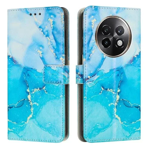 Funda de Cuero con Patrón de Mármol Pintado para Teléfono Realme 13+ 5G Global (Azul y Verde)