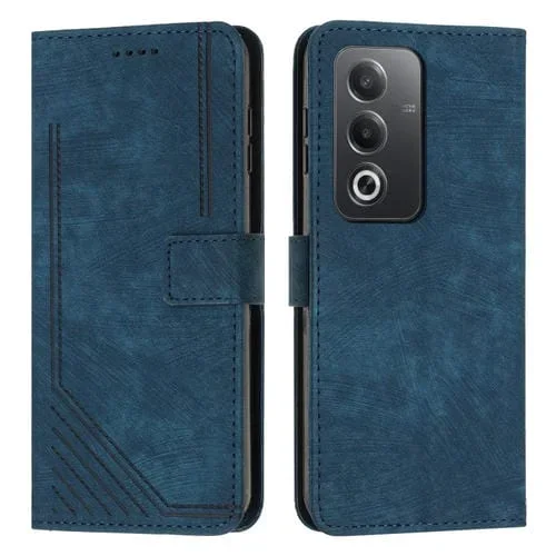 Funda de Cuero con Patrón de Rayas y Tacto Suave para Oppo A3 Pro Global Skin Feel con Cordón Largo (Azul)