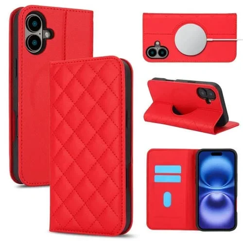 Funda de cuero con protección RFID antirrobo Rhombic MagSafe para iPhone 17 (roja)