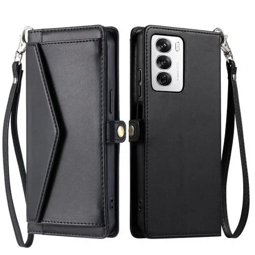Funda de Cuero con Ranura para Múltiples Tarjetas y Billetera Global para Oppo Reno12 5G con Cordón (Negro)