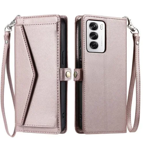 Funda de Cuero con Ranura para Múltiples Tarjetas y Billetera Global para Oppo Reno12 5G con Cordón (Oro Rosa)