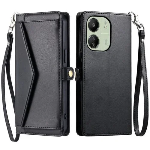 Funda de Cuero con Ranura para Múltiples Tarjetas y Cordón para Redmi 13C 4G/5G (Negro)