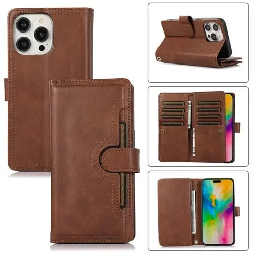 Funda de Cuero con Ranura para Tarjeta y Pulsera para iPhone 16 Pro Max (Café)
