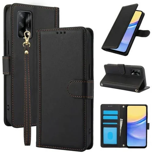 Funda de Cuero con Ranuras para Tarjetas y Diseño de Piel Sintética de Color Puro para Oppo A74 4G/A95 4G con Cordón Doble (Negro)