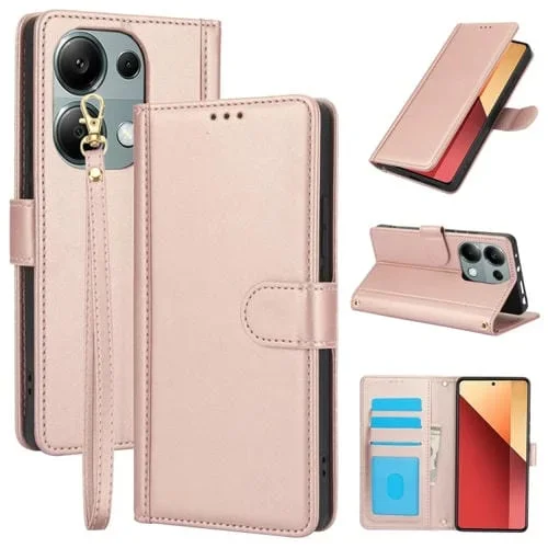 Funda de Cuero con Ranuras para Tarjetas y Tacto de Piel Global para Redmi Note 13 5G con Cordón Doble (Oro Rosa)