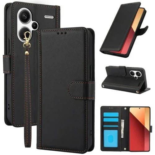 Funda de Cuero con Ranuras para Tarjetas y Tacto de Piel Global para Redmi Note 13 Pro+ 5G con Cordón Doble (Negro)