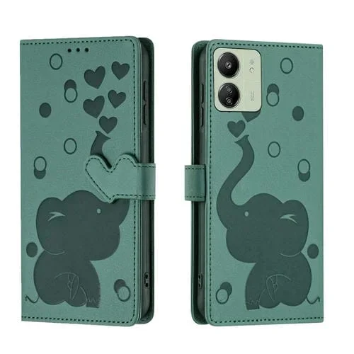 Funda de Cuero con Relieve de Elefante de Dibujos Animados para Redmi 13C 4G (Verde)