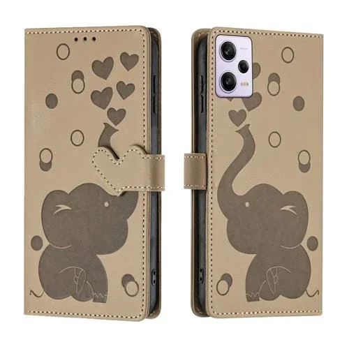 Funda de Cuero con Relieve de Elefante de Dibujos Animados para Redmi Note 12 Pro 5G (Caqui)