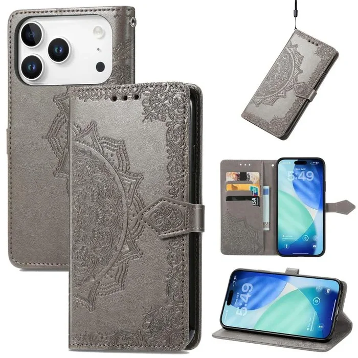 Funda de cuero con relieve de flor de mandala para iPhone 17 Pro (gris)