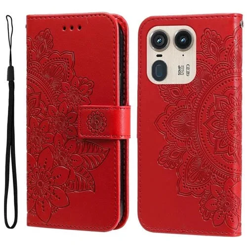 Funda de Cuero con Relieve de Flores de Siete Pétalos para Motorola Edge 50 Ultra / X50 Ultra (Rojo)