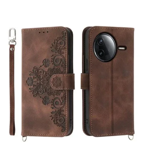 Funda de cuero con relieve de flores para Redmi K80/K80 Pro (marrón)