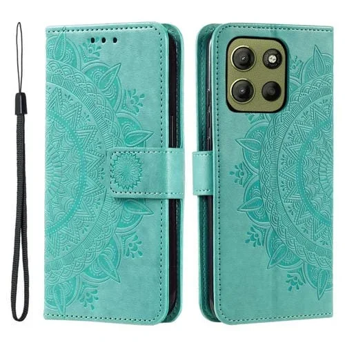 Funda de Cuero con Relieve de Flores y Tótem para Motorola Moto G15 con Cordón (Verde)
