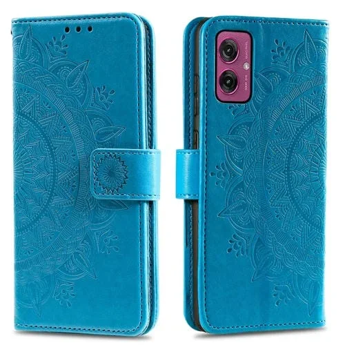 Funda de Cuero con Relieve de Flores y Tótem para Motorola Moto G55 con Cordón (Azul)