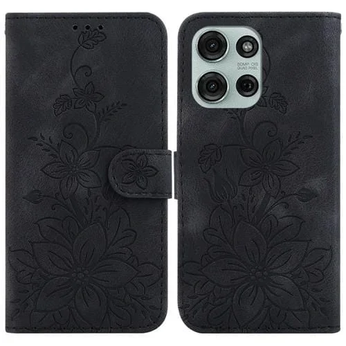 Funda de Cuero con Relieve de Lirio para Motorola Moto G75 5G (Negra)