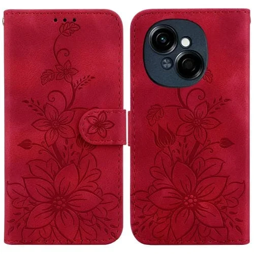 Funda de Cuero con Relieve de Lirio para Tecno Spark Go 1/Pop 9 Pro (Roja)