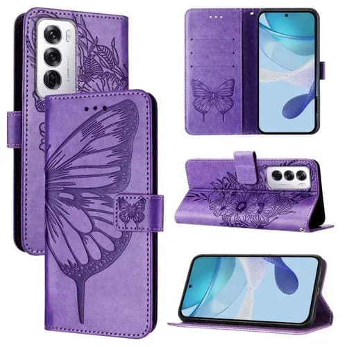 Funda de Cuero con Relieve de Mariposa para Teléfono Oppo Reno12 5G Global (Morado Claro)