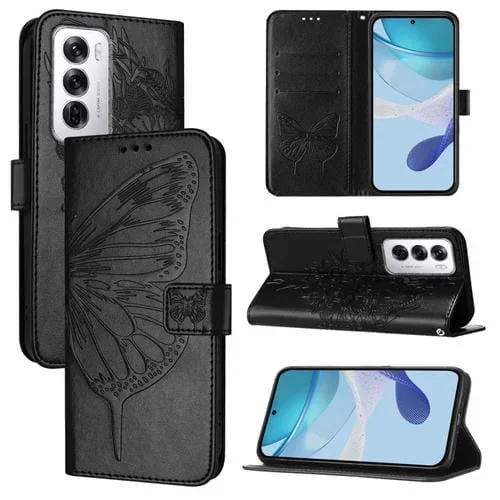 Funda de Cuero con Relieve de Mariposa para Teléfono Oppo Reno12 5G (Negra)
