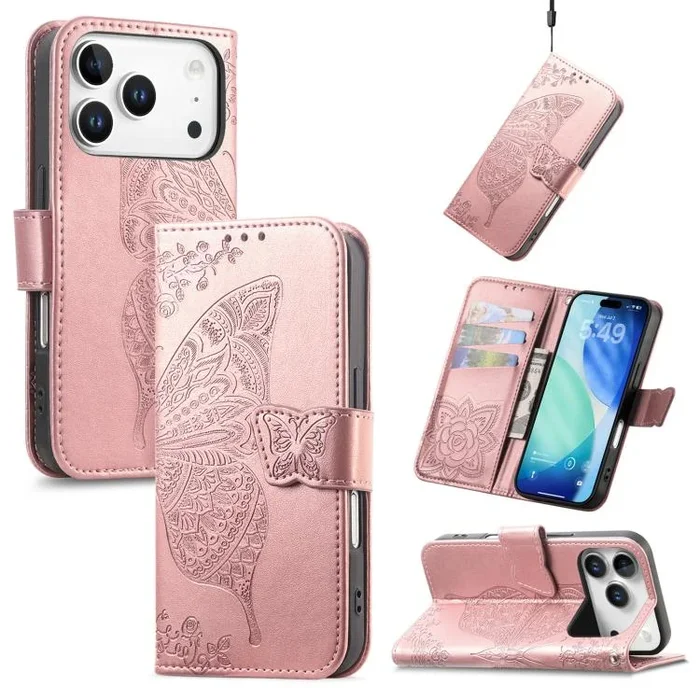 Funda de cuero con relieve de mariposa y flor para iPhone 17 Pro Max (oro rosa)