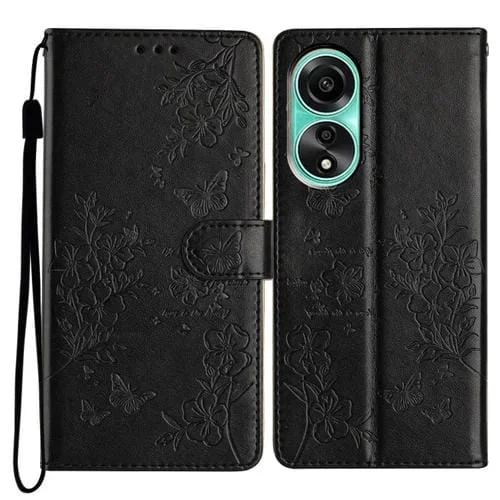 Funda de Cuero con Relieve de Mariposa y Flor para Oppo A58 4G Global (Negra)