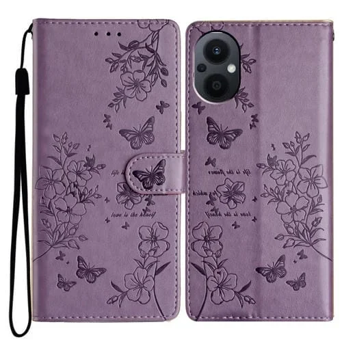 Funda de Cuero con Relieve de Mariposa y Flor para Oppo Reno7 Z 5G (Morado)