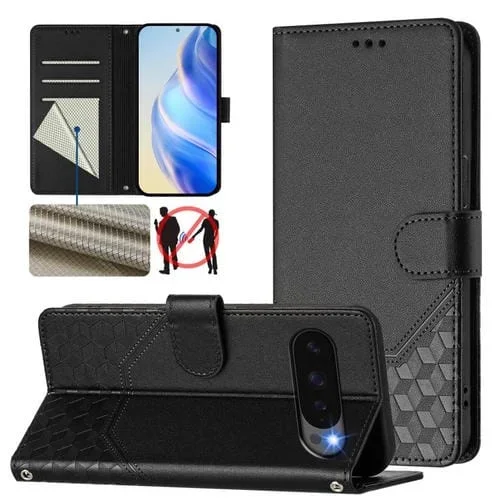 Funda de Cuero con Relieve de Panal Global RFID para Google Pixel 10 Pro XL 5G (Negra)