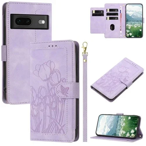 Funda de Cuero con Relieve de Tulipanes para Google Pixel 7 con Cordón (Morado)