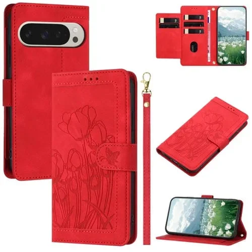 Funda de Cuero con Relieve de Tulipanes para Google Pixel 9 Pro XL con Cordón (Rojo)
