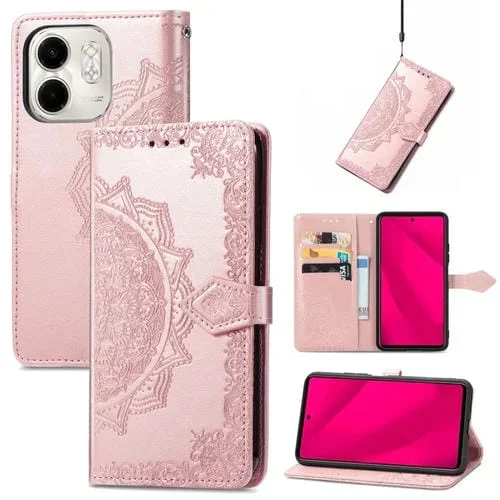 Funda de Cuero con Relieve Flor de Mandala para Infinix Smart 9 (Oro Rosa)