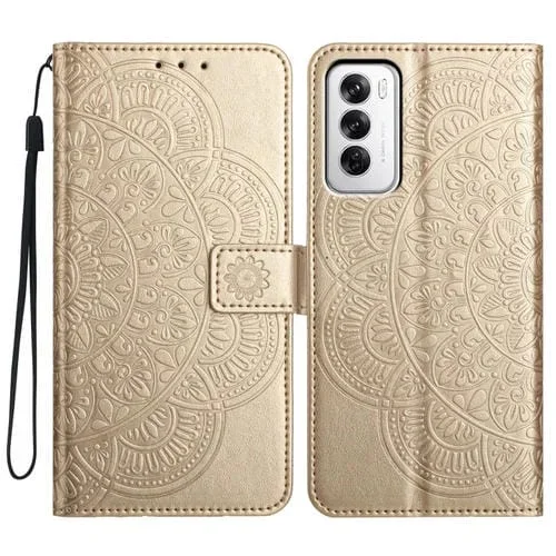 Funda de Cuero con Relieve Floral para Oppo Reno12 Global (Dorada)