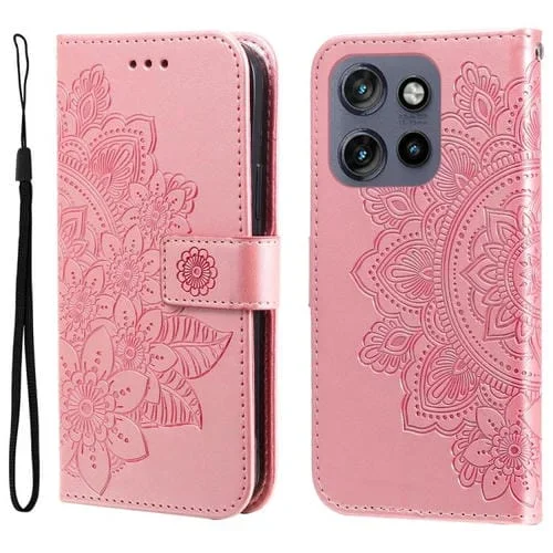 Funda de Cuero con Relieve Flores Siete Pétalos para Motorola Edge 50 Neo Thinkphone 25 (Oro Rosa)