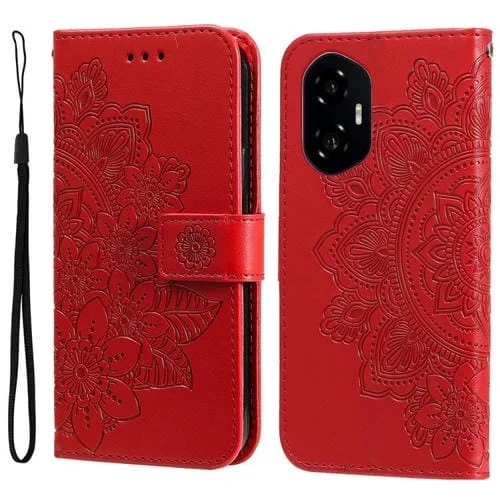Funda de Cuero con Relieve Flores Siete Pétalos para Teléfono For Honor 300 (Rojo)