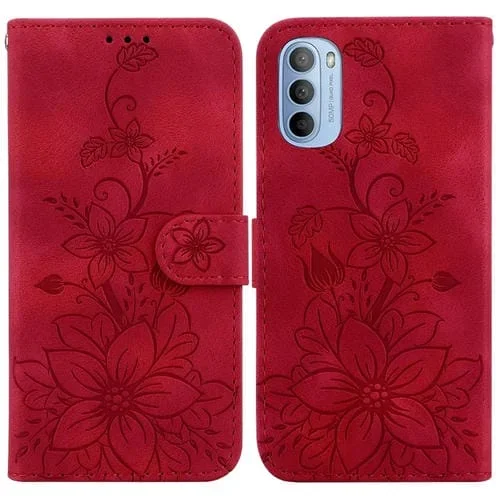 Funda de Cuero con Relieve Lily para Motorola Moto G51 (Rojo)