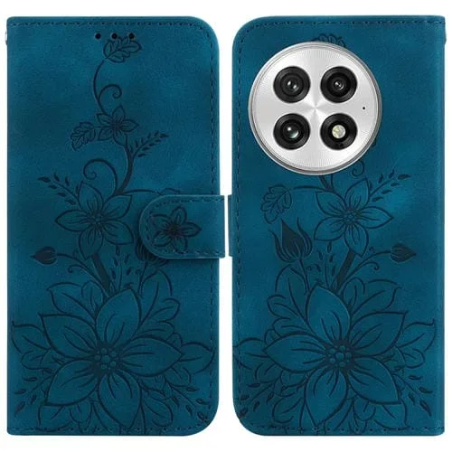 Funda de Cuero con Relieve Lily para OnePlus 13 (Azul Oscuro)