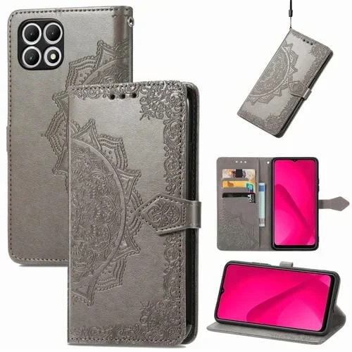 Funda de Cuero con Relieve Mandala para Teléfono T-Mobile Revvl 7 5G (Gris)