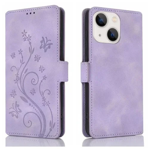 Funda de Cuero con Relieve Mariposa y Flor para iPhone 14 (Morado)