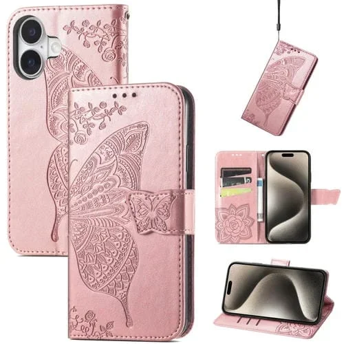 Funda de Cuero con Relieve Mariposa y Flor para iPhone 16 Plus (Oro Rosa)