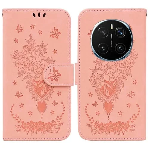 Funda de Cuero con Relieve Mariposa y Rosa para Honor Magic7 Pro (Rosa)