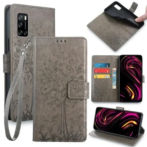 Funda de Cuero con Relieve para Rakuten Big S Tree & Deer para Teléfono (Gris)