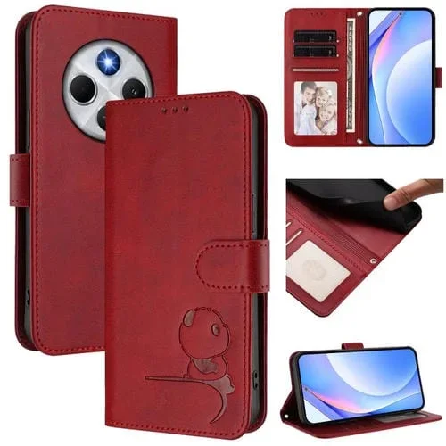 Funda de cuero con relieve RFID y cordón para Redmi 14C 4G / 14R 5G / A4 5G (rojo vino)