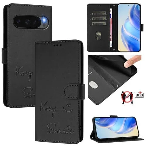 Funda de Cuero con Relieve Sonrisa Global RFID para Google Pixel 10 Pro XL 5G (Negra)